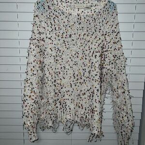 Dress Up White Distressed Sweater with Colorful Accents